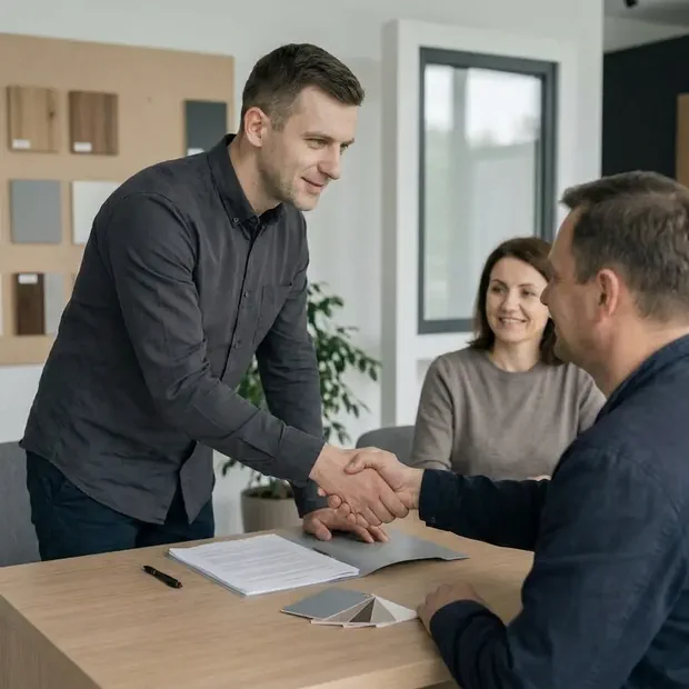 Podpisanie umowy w salonie Easy Open, uścisk dłoni nad dokumentami i próbkami okleiny
